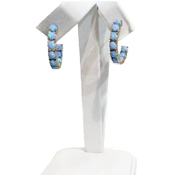 Beautiful Blue Opal Simulated 18k gold plated hoop pierced earrings - Picture 4 of 6